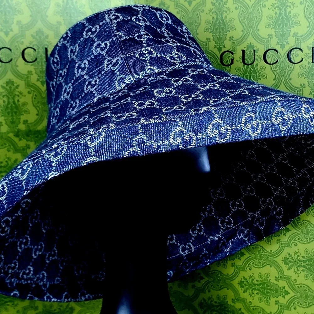 Gucci Denim GG Monogram Bucket Hat  Wide Large Brim Navy Blue Jacquard Beach - Picture 4 of 16